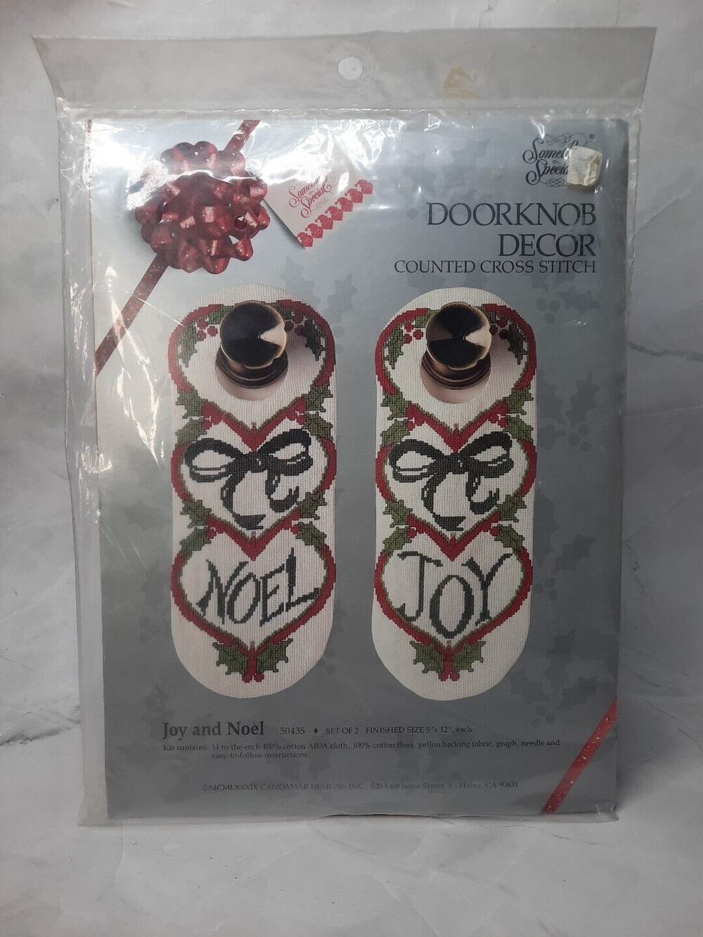 Vtg Candamar Something Special Counted Cross Stitch Doorknob Decor Joy and Noel